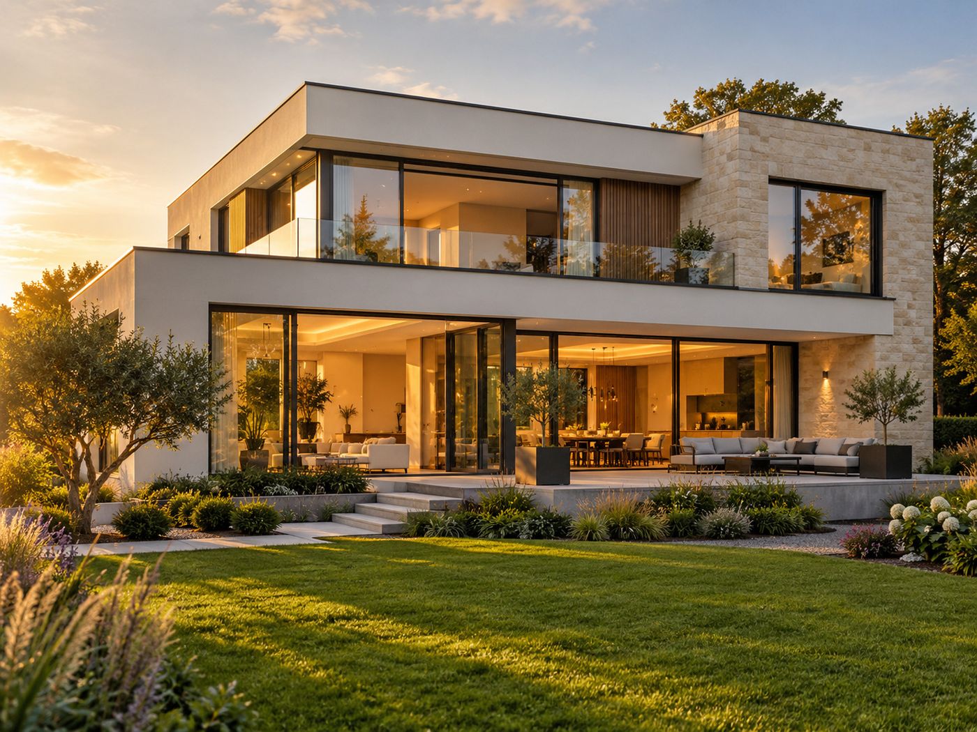 Modernes Einfamilienhaus mit Natursteinfassade und Garten im warmen Abendlicht