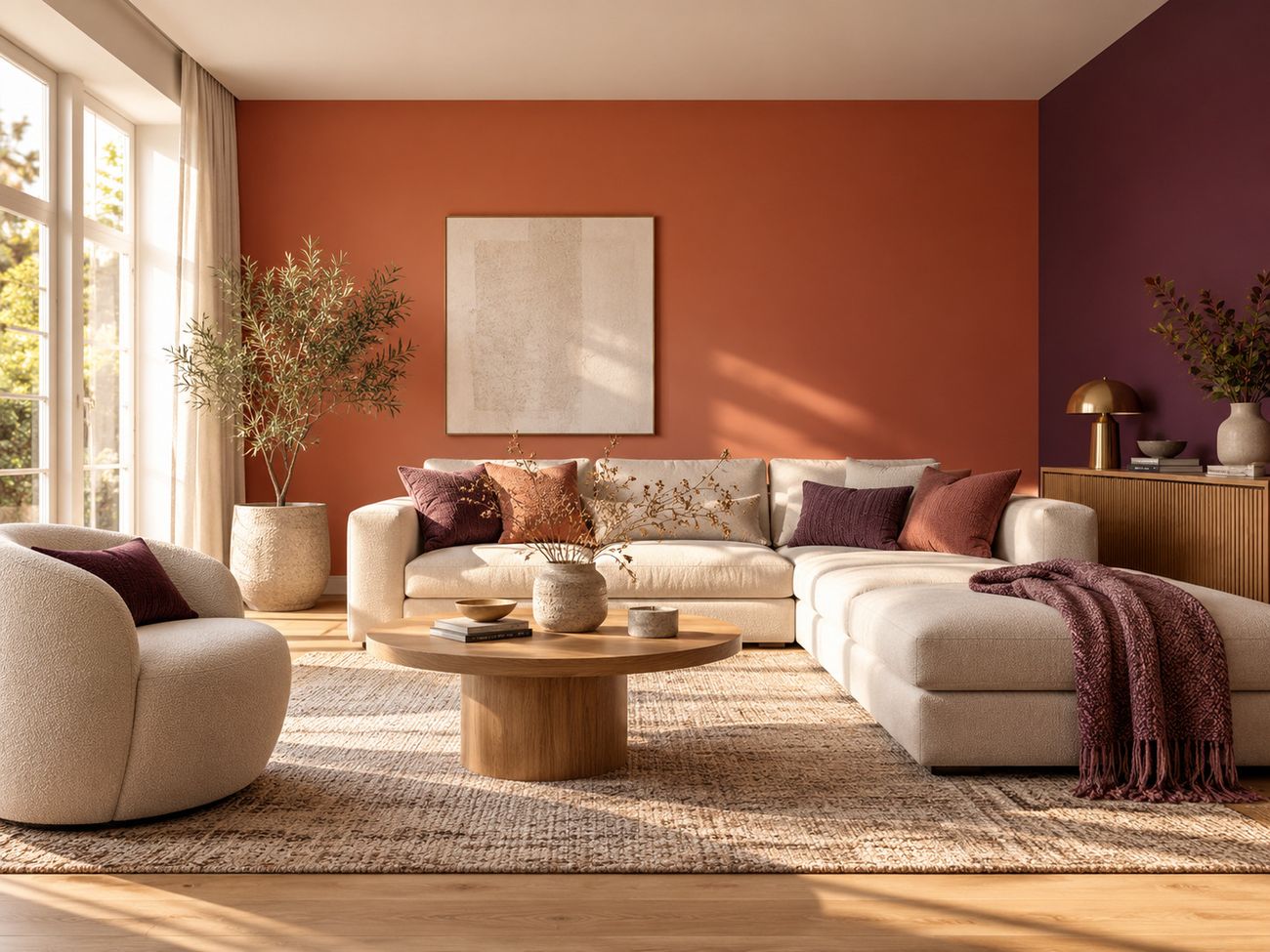 Frisch gestrichener Wohnraum mit korallroten und auberginefarbenen Wänden, hellem Sofa und Holzmöbeln